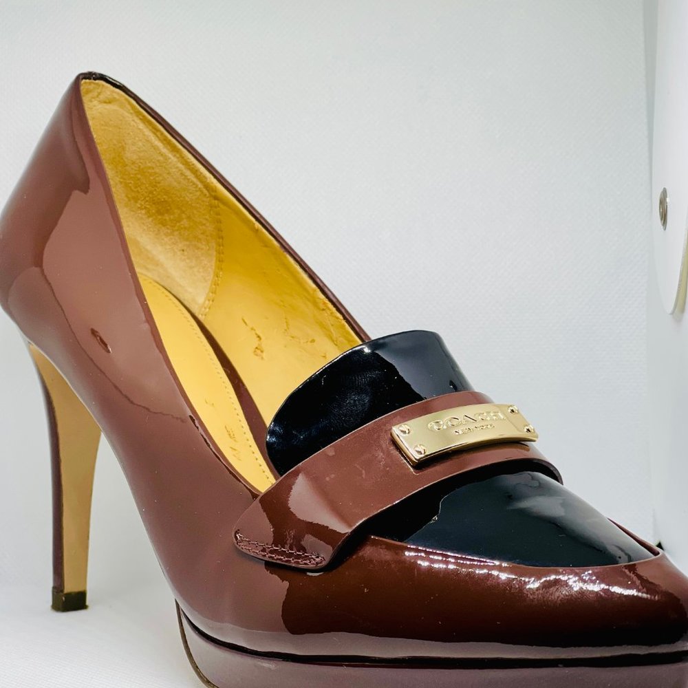 COACH Platform Two-Tone Almond Toe Heels with Gold Brand Plaque